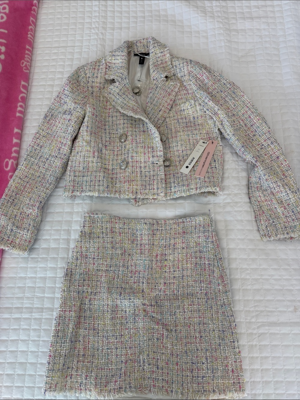 Aqua Cropped Multicolor Tweed Double-Breasted Jacket and skirt set